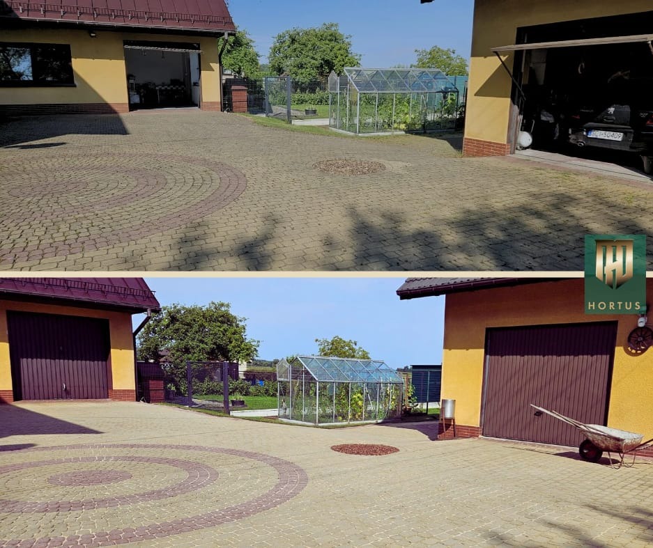 Porównanie stanu kostki brukowej przed i po czyszczeniu, widoczna różnica w kolorze i czystości, na tle domu z garażem i szklarnią.