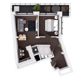 Rzut z góry na plan mieszkania z balkonem, ukazujący salon z sofą, sypialnię z łóżkiem, łazienkę z prysznicem oraz biuro z dwoma stanowiskami pracy.