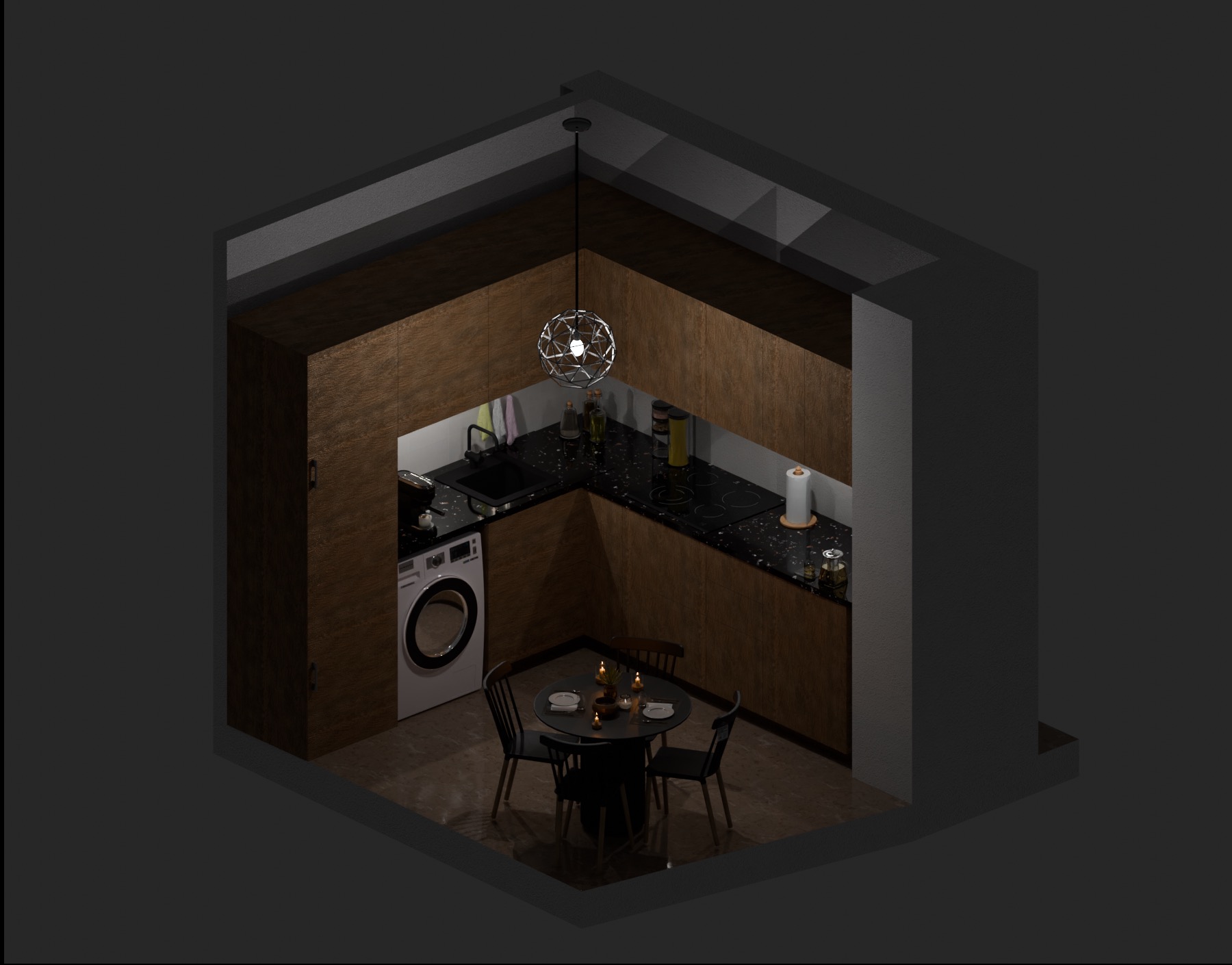 Wizualizacja małej kuchni z drewnianymi szafkami, czarnym blatem, pralką i okrągłym stołem z zapalonymi świecami, oświetlona ozdobną lampą wiszącą.