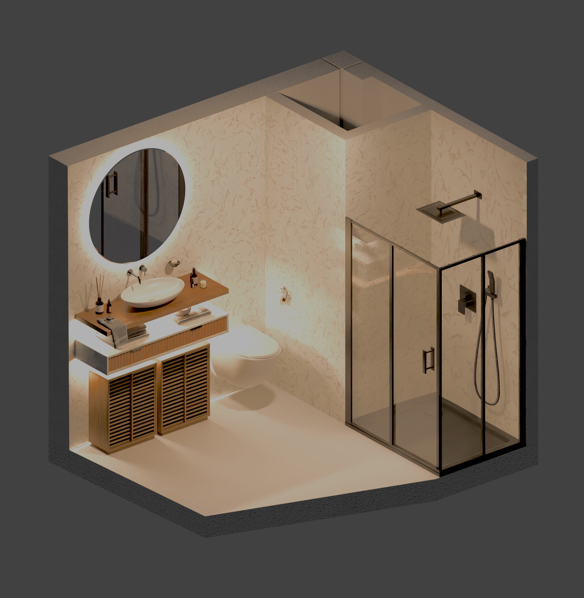 Wizualizacja 3D nowoczesnej łazienki z okrągłym lustrem podświetlanym LED, szafką z lamelami z drewna, kabiną prysznicową ze szklanymi ścianami i deszczownicą.