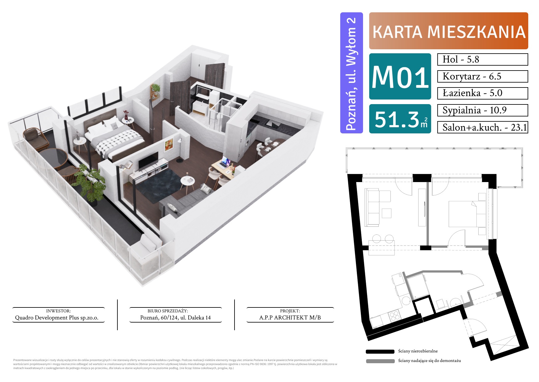 Wizualizacja 3D rzutu mieszkania M01 o powierzchni 51.3 m² w Poznaniu, ul. Wyłom 2, z podziałem na hol, korytarz, łazienkę, sypialnię i salon z aneksem kuchennym, wraz z informacjami o inwestorze...