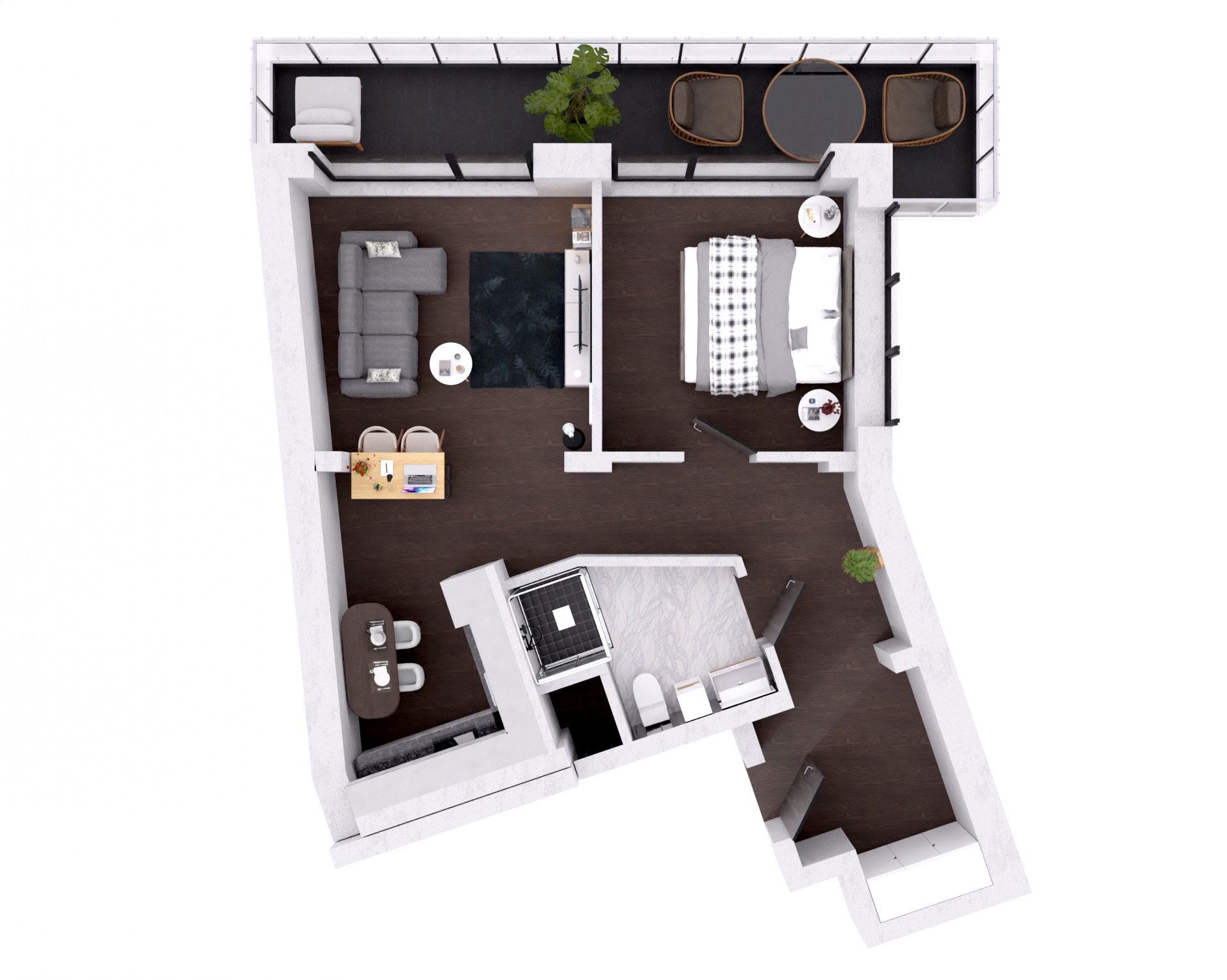 Rzut z góry na plan mieszkania z balkonem, ukazujący salon z sofą, sypialnię z łóżkiem, łazienkę z prysznicem oraz biuro z dwoma stanowiskami pracy.