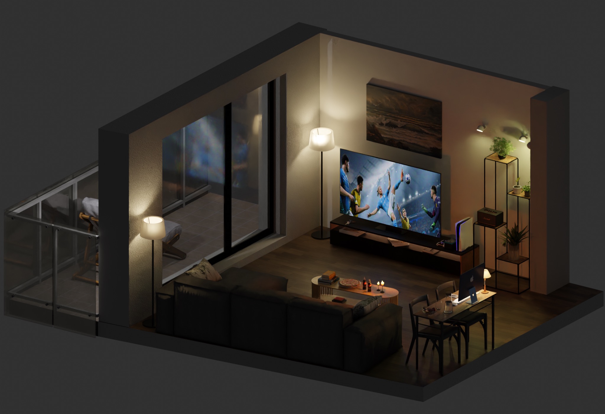 Przekrój skośny salonu z balkonem, ukazujący nowoczesny design z szarą sofą, stolikiem kawowym z pizzą i świecami, dużym telewizorem z grą w piłkę nożną, biurkiem z komputerem, regałem z roślinami...