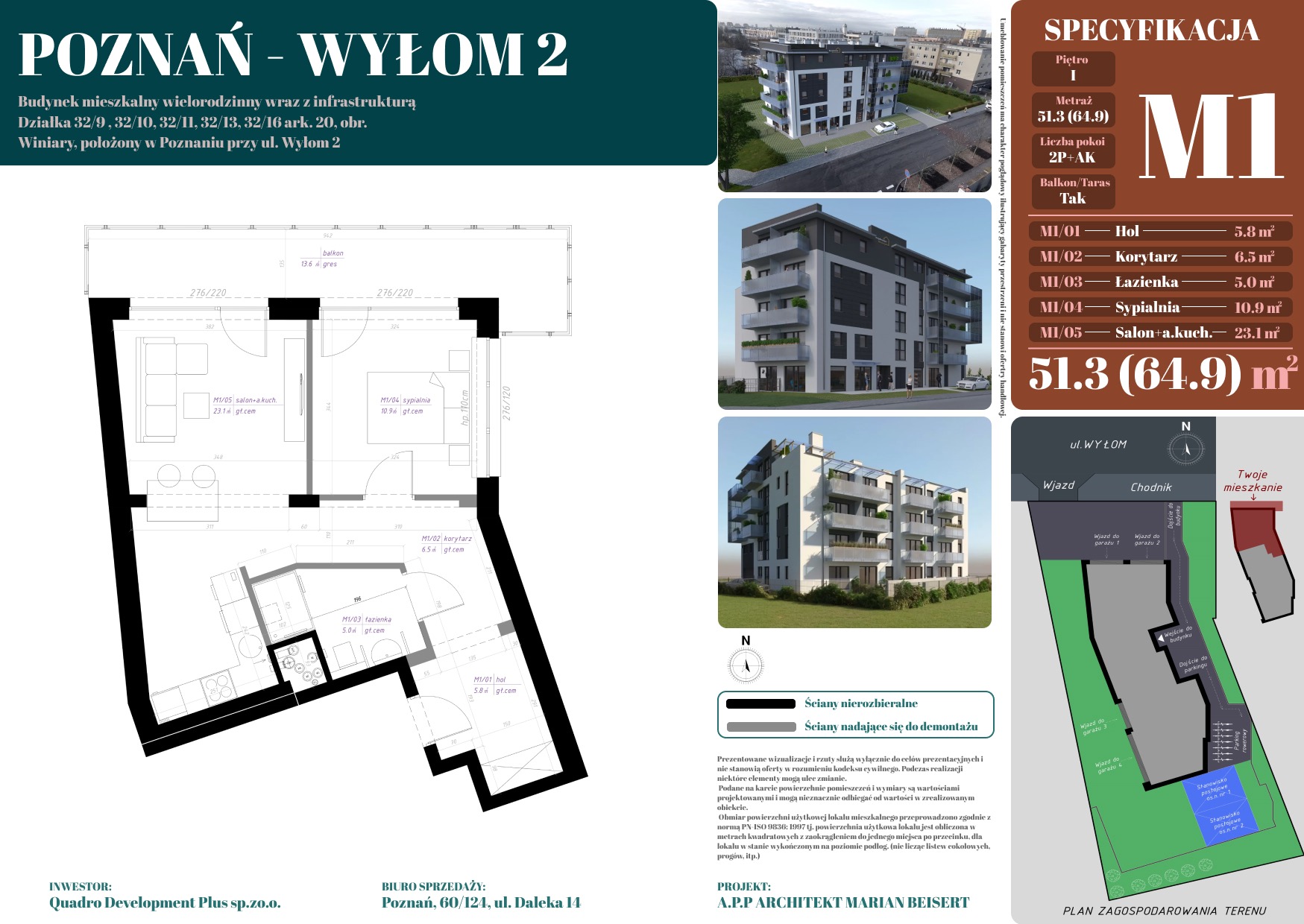 Wizualizacja budynku wielorodzinnego z planem mieszkania, rzut mieszkania M1 z salonem z aneksem kuchennym, sypialnią, łazienką i korytarzem, plan zagospodarowania terenu z parkingiem.