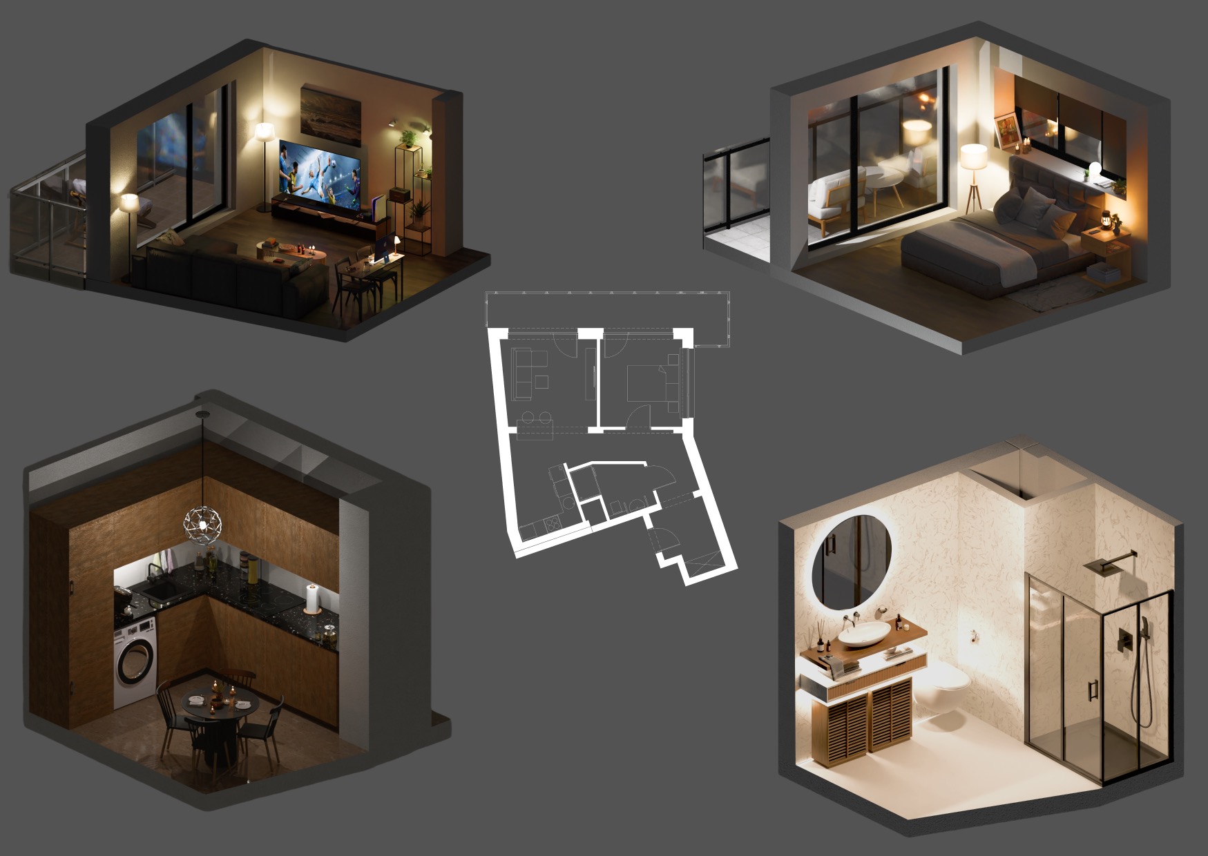 Wizualizacja 3D mieszkania przedstawiająca plan z rzutami poszczególnych pomieszczeń: salonu z balkonem, sypialni, kuchni z jadalnią oraz łazienki z kabiną prysznicową.