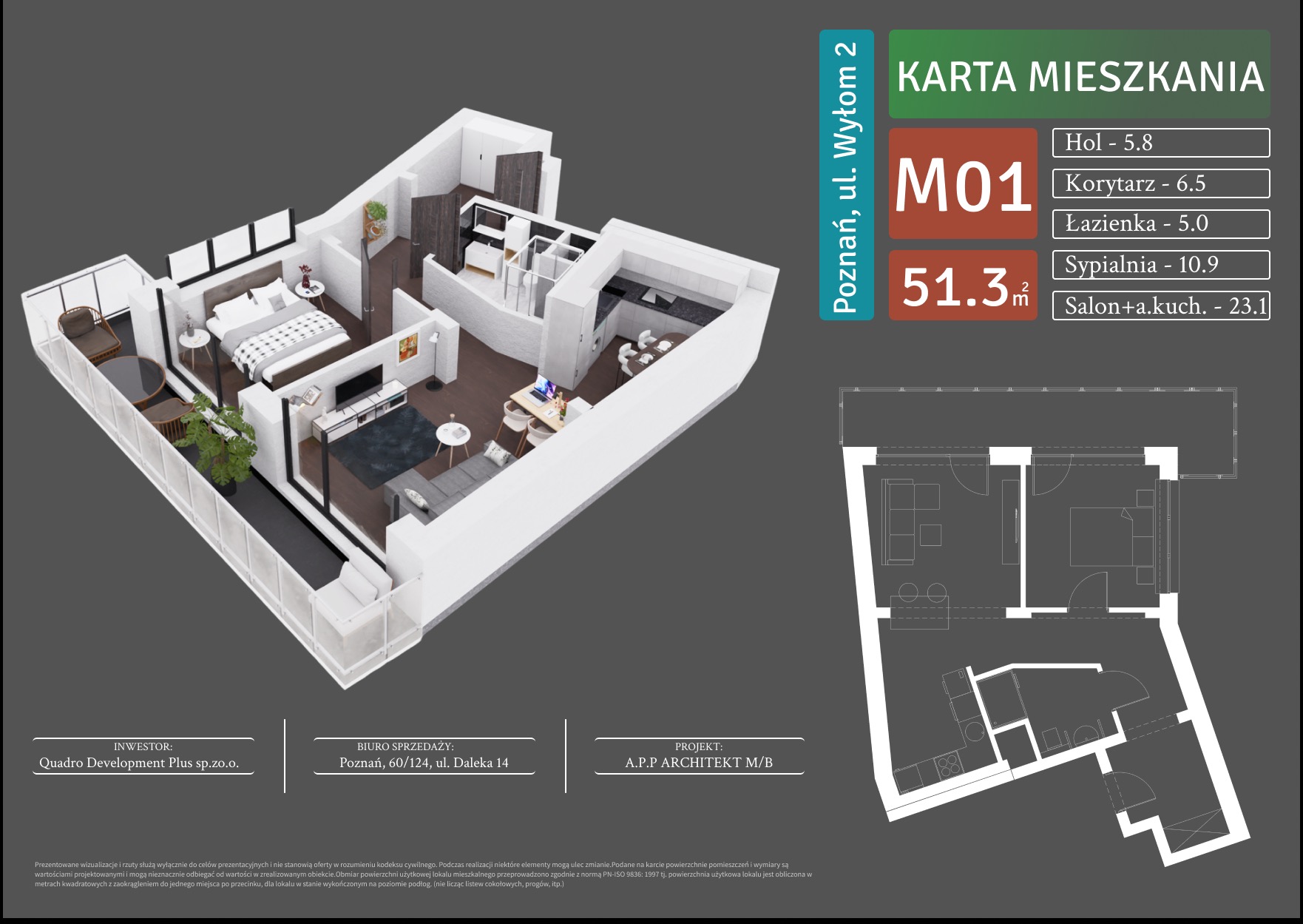 Wizualizacja 3D mieszkania M01 w Poznaniu przy ulicy Wyłom 2, z podziałem na hol, korytarz, łazienkę, sypialnię i salon z aneksem kuchennym, prezentująca układ funkcjonalny i metraż pomieszczeń.
