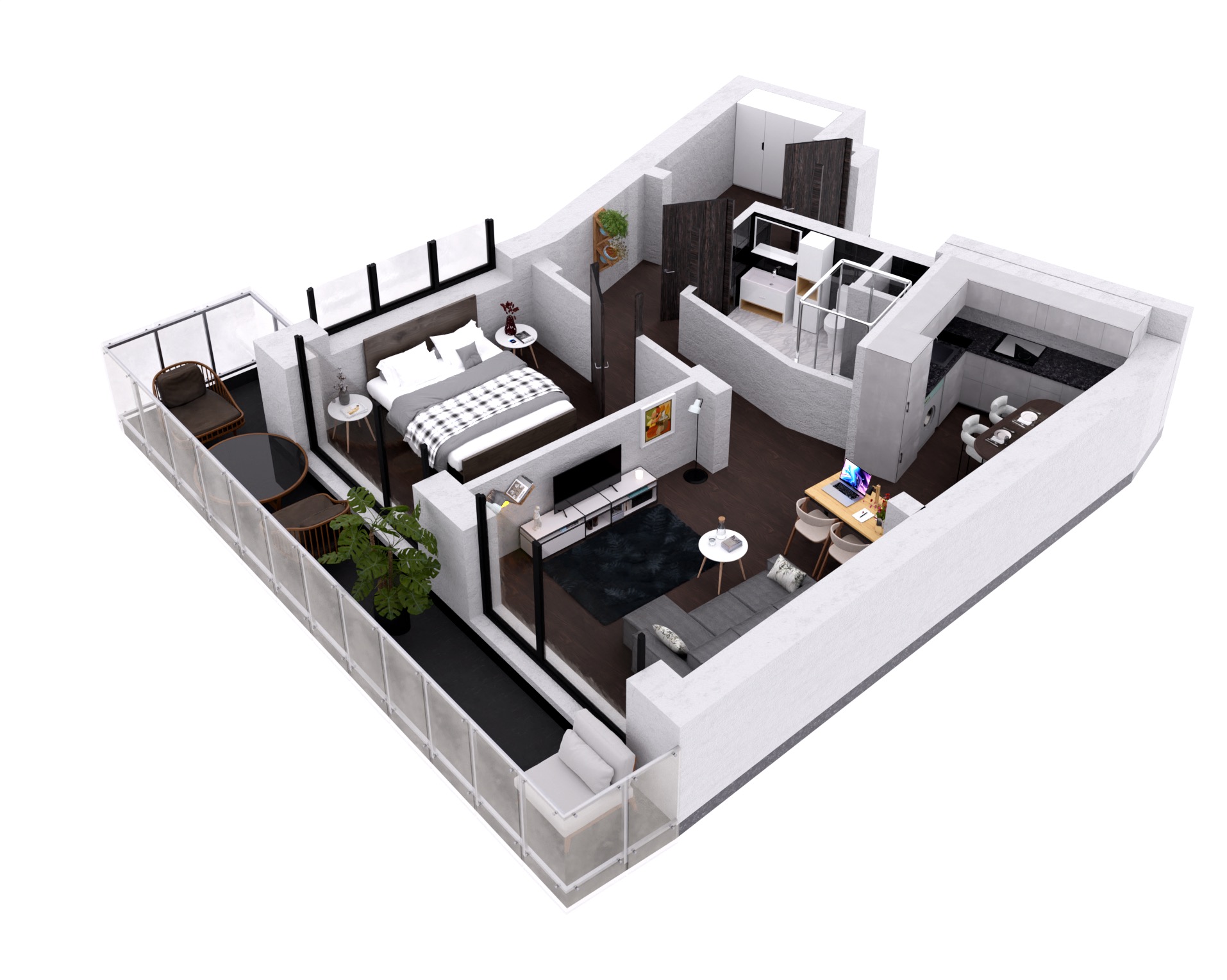 Przekrój 3D mieszkania w Poznaniu z balkonami, sypialnią, łazienką, kuchnią i salonem w nowoczesnym stylu.