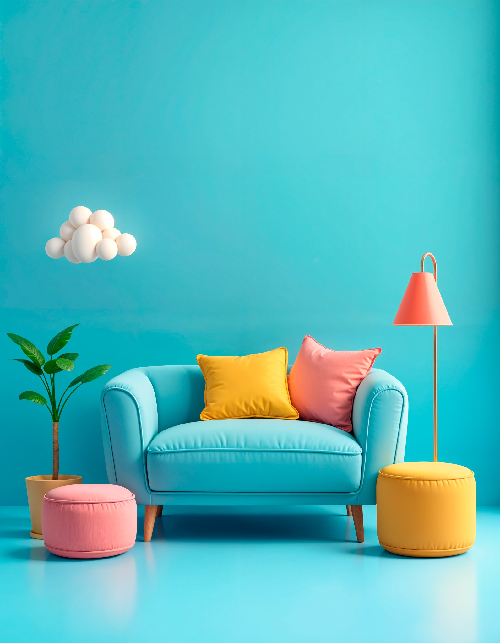 Turkusowy fotel z żółtą i różową poduszką, różowy i żółty puf, lampa z pomarańczowym abażurem, roślina w doniczce i dekoracyjna chmurka na tle jednolitej, turkusowej ściany i podłogi.