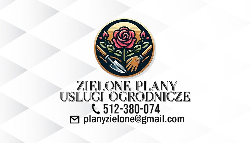 Logo firmy ogrodniczej: Róża, dłoń, szpadel, nazwa 'Zielone Plany Usługi Ogrodnicze', numer telefonu i adres e-mail na jasnym tle z wzorem.