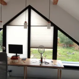 Poddasze z trójkątnym oknem osłoniętym plisowanymi zasłonami, biurko z komputerem i widokiem na zieleń za oknem.
