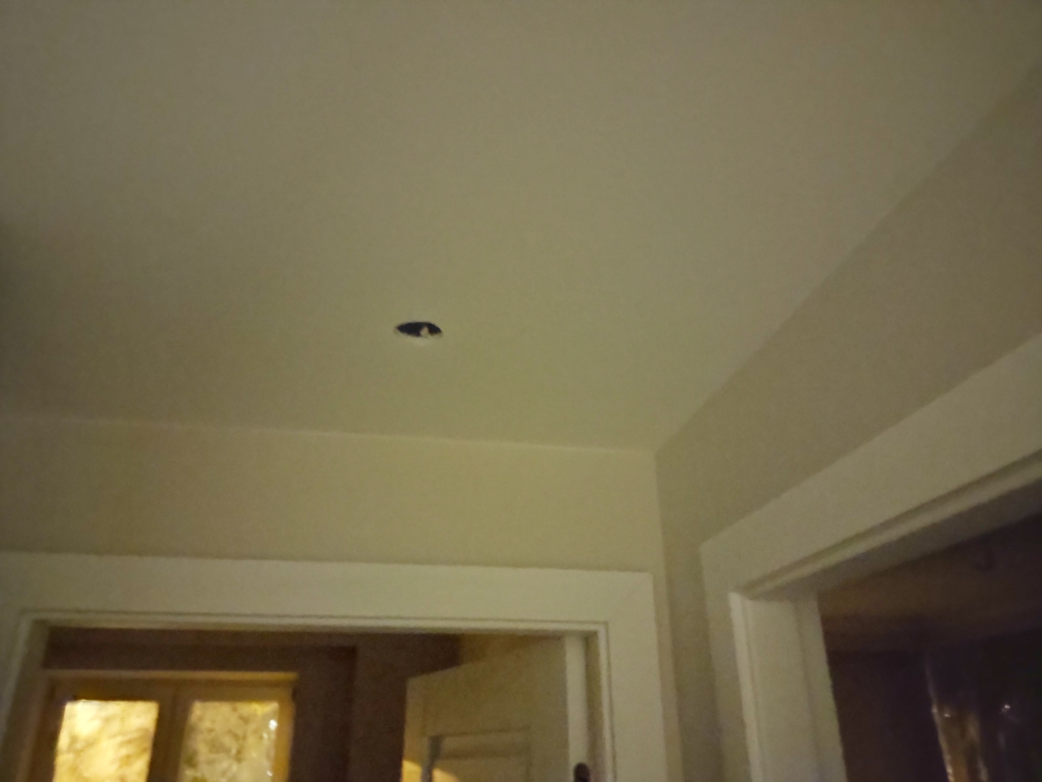 Biały sufit z widocznym otworem po lampie, fragment ściany i futryny drzwi.