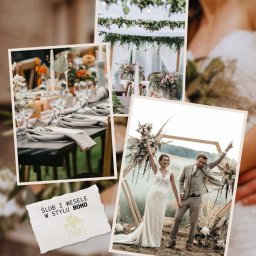 Atmosfera -Centrum dekoracji - Kolaż zdjęć z dekoracji ślubnych w stylu boho: nakryty stół z kwiatami i świecami, dekoracja miejsca ceremonii z białymi zasłonami i girlandami z zieleni, para młoda pozująca przed drewnianą...