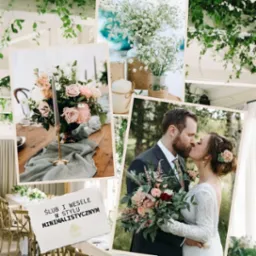 Kolaż zdjęć z dekoracji ślubnych w stylu minimalistycznym: bukiet z różowych i białych kwiatów, para młoda całująca się z bukietem, dekoracja stołu z szarą tkaniną i świecznikiem.