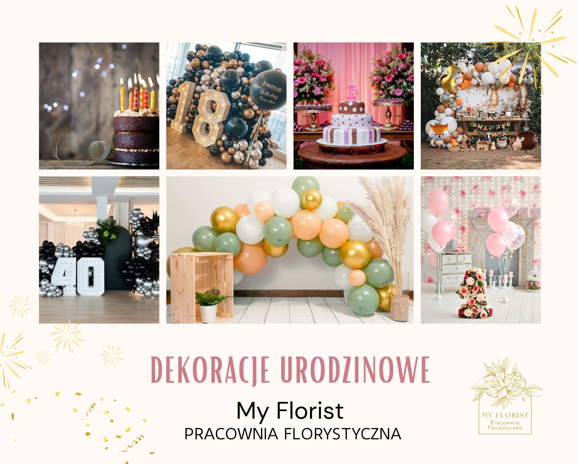 Kolaż zdjęć z dekoracji urodzinowych: torty ze świeczkami, dekoracje balonowe w różnych kolorach i stylach, aranżacje kwiatowe, podświetlane cyfry 18 i 40.