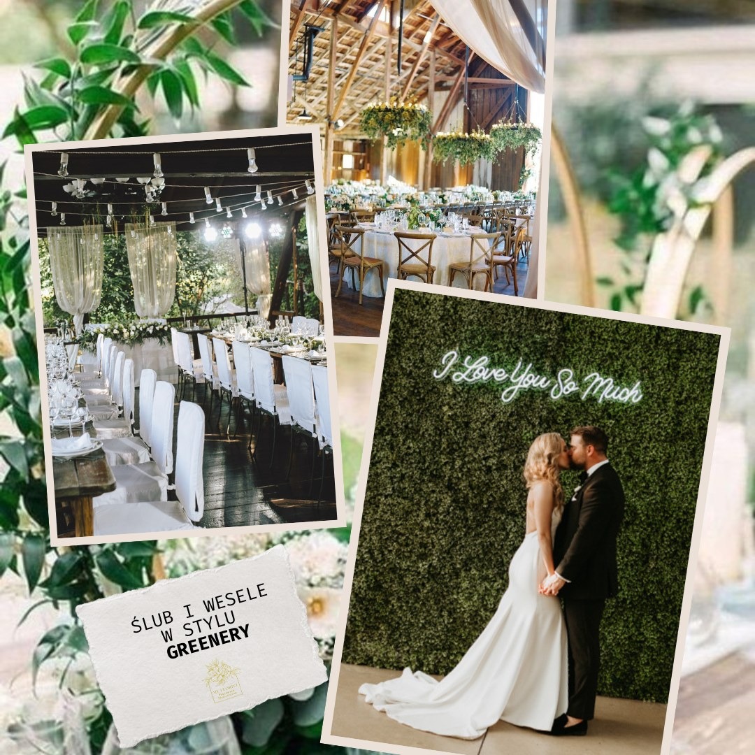 Kolaż zdjęć z dekoracji ślubnych w stylu greenery: długi stół z białymi krzesłami, rustykalna sala z drewnianą konstrukcją dachu i wiszącymi dekoracjami kwiatowymi, para młoda całująca się na tle...
