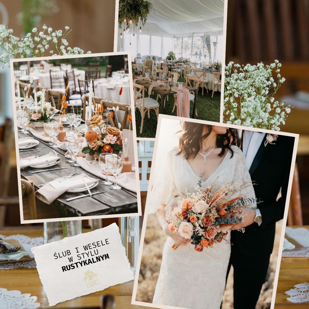 Kolaż zdjęć z rustykalnego ślubu i wesela: udekorowany stół z kwiatami i zastawą, para młoda z bukietem, aranżacja w namiocie.