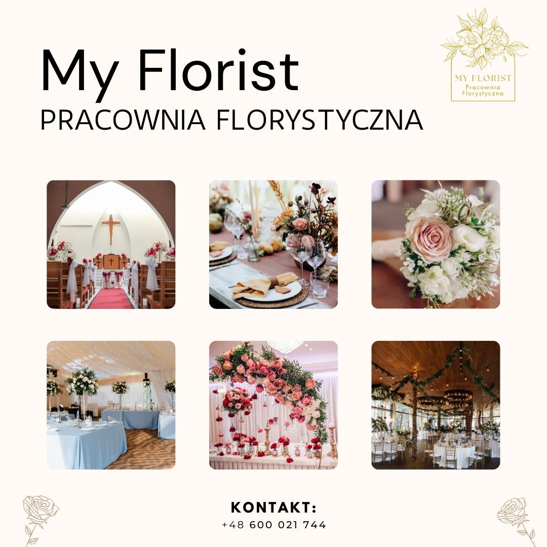 Kolaż sześciu zdjęć: dekoracja kościoła na ślub, dekoracja stołu, bukiet ślubny, sala weselna z niebieskimi obrusami, kwiatowa dekoracja łuku, sala weselna z drewnianym sufitem, logo i dane...