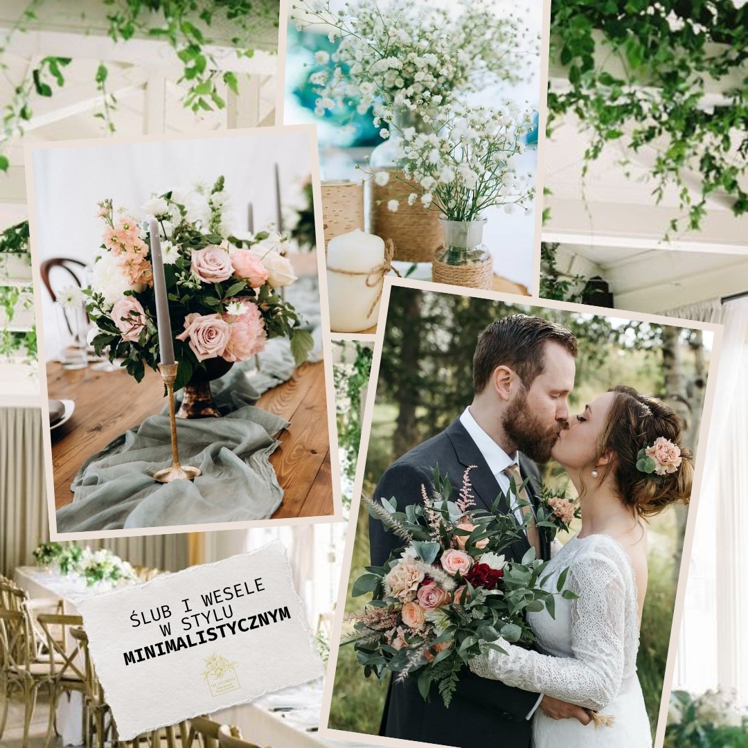 Kolaż zdjęć z dekoracji ślubnych w stylu minimalistycznym: bukiet z różowych i białych kwiatów, para młoda całująca się z bukietem, dekoracja stołu z szarą tkaniną i świecznikiem.