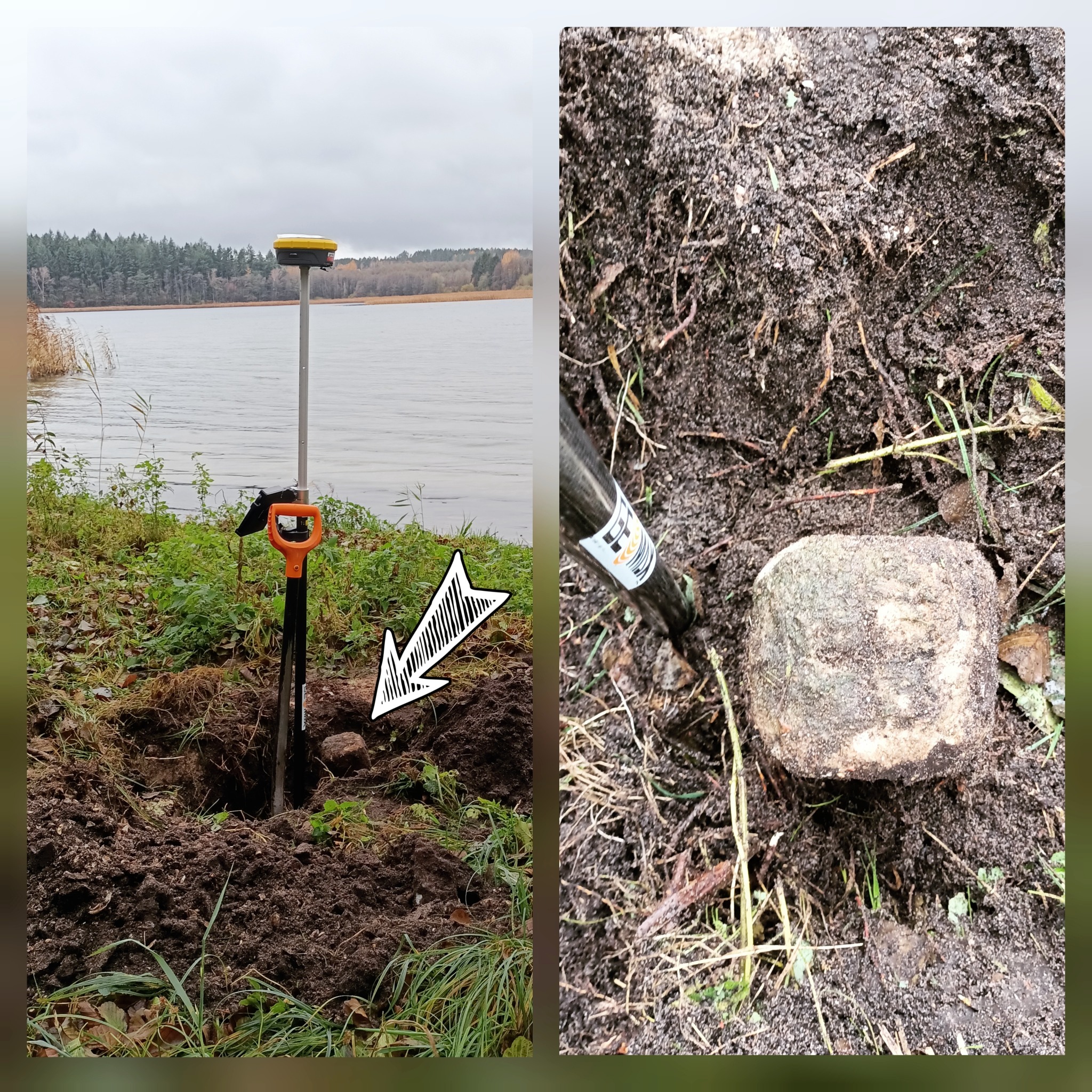 Geodezyjny pomiar terenu nad brzegiem jeziora: tyczka geodezyjna z odbiornikiem GPS wbita w ziemię obok wykopanego kamienia, widok na jezioro i las w tle.