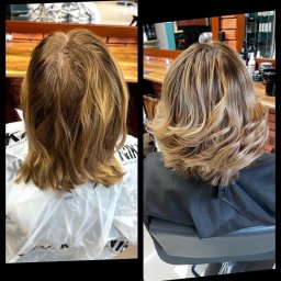 Salon fryzjerski Michał Jakubowski - Porównanie przed i po koloryzacji włosów: odrosty i matowe włosy kontra świeży blond z refleksami i modelowaniem