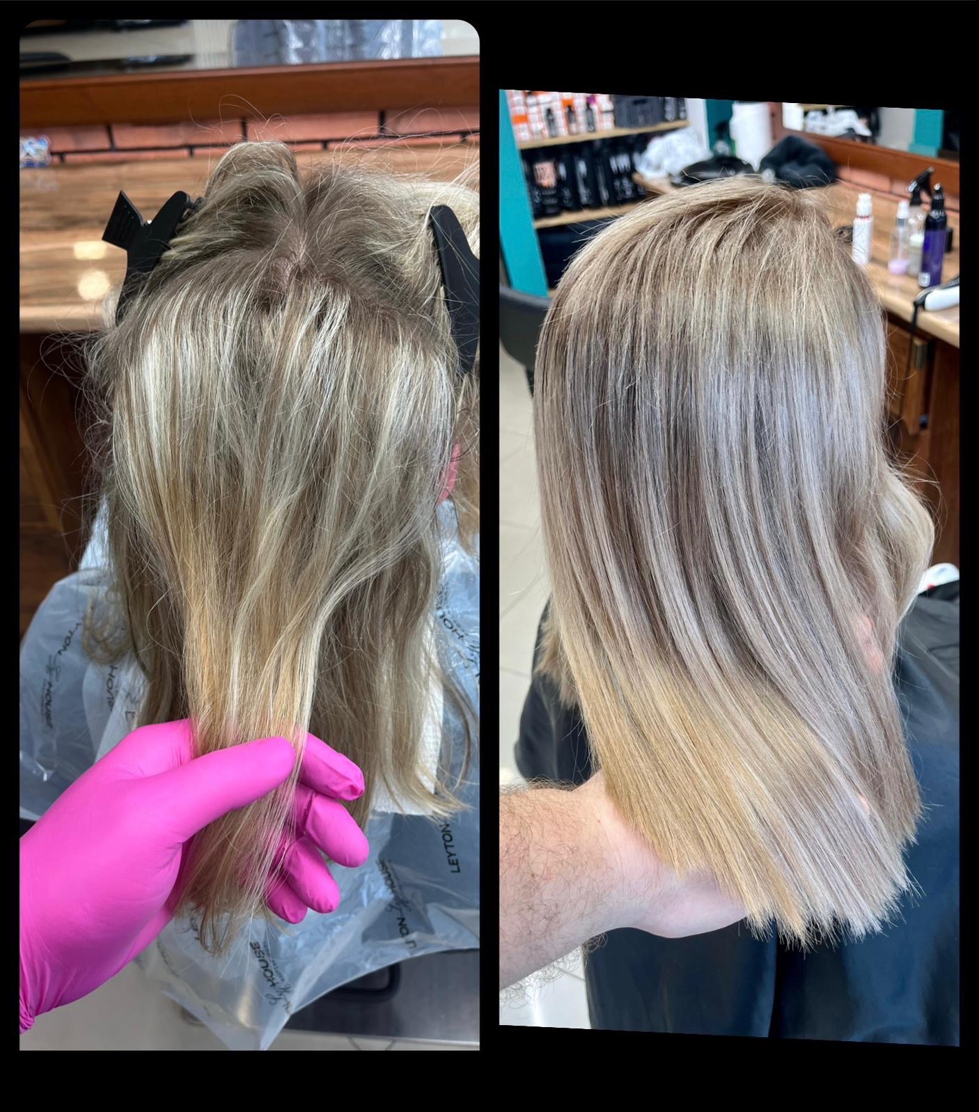 Koloryzacja włosów blond: po lewej włosy przed zabiegiem z czarnymi klipsami, po prawej efekt końcowy strzyżenia i koloryzacji z chłodnym odcieniem blondu.