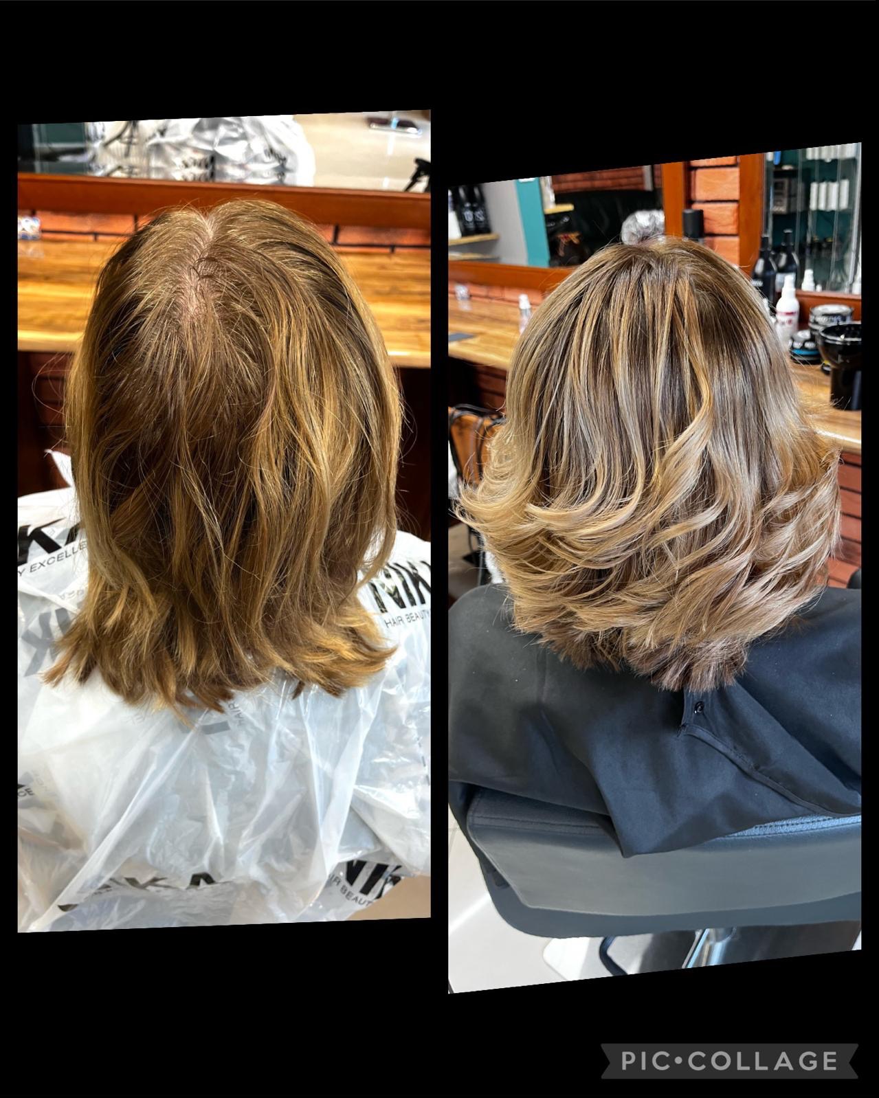 Porównanie przed i po koloryzacji włosów: odrosty i matowe włosy kontra świeży blond z refleksami i modelowaniem