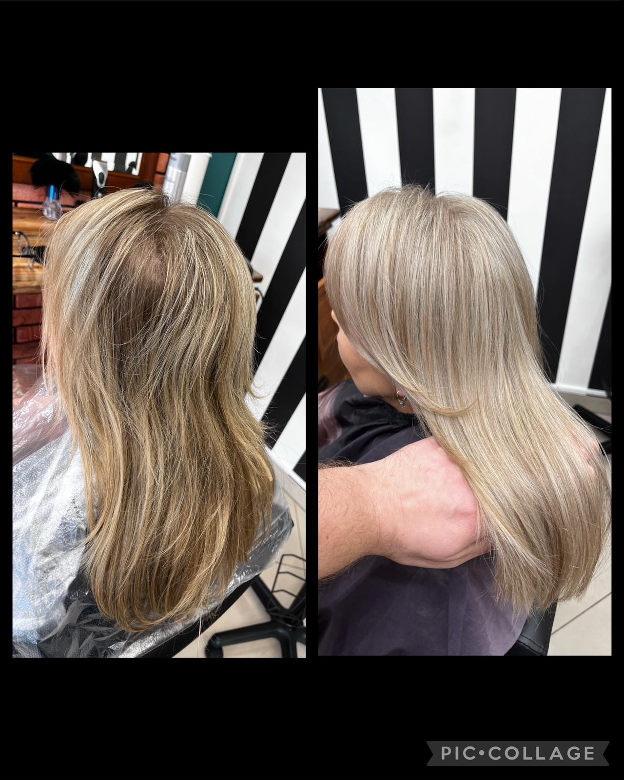 Metamorfoza koloru włosów blond we Wrocławiu: zdjęcie 'przed' i 'po' zabiegu, ukazujące różnicę w odcieniu i kondycji włosa na tle czarno-białej ściany.