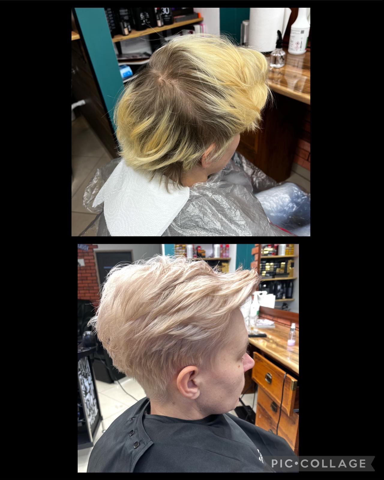 Dwa ujęcia tej samej osoby przed i po koloryzacji i strzyżeniu w salonie fryzjerskim; widoczne odrosty przed i odświeżony blond po, z krótką, wystylizowaną fryzurą.