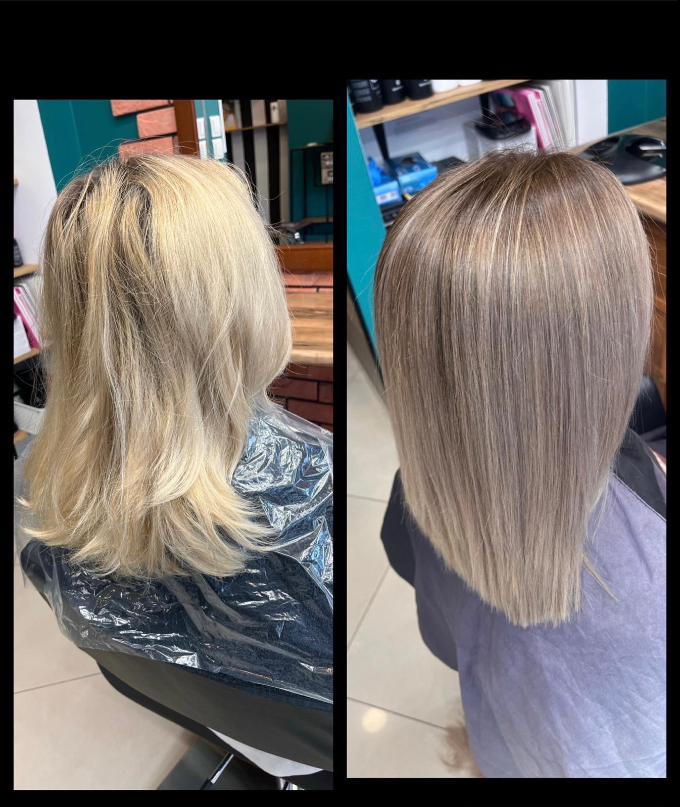 Koloryzacja włosów: porównanie przed (blond, niesforne pasma) i po (chłodny blond, proste cięcie)