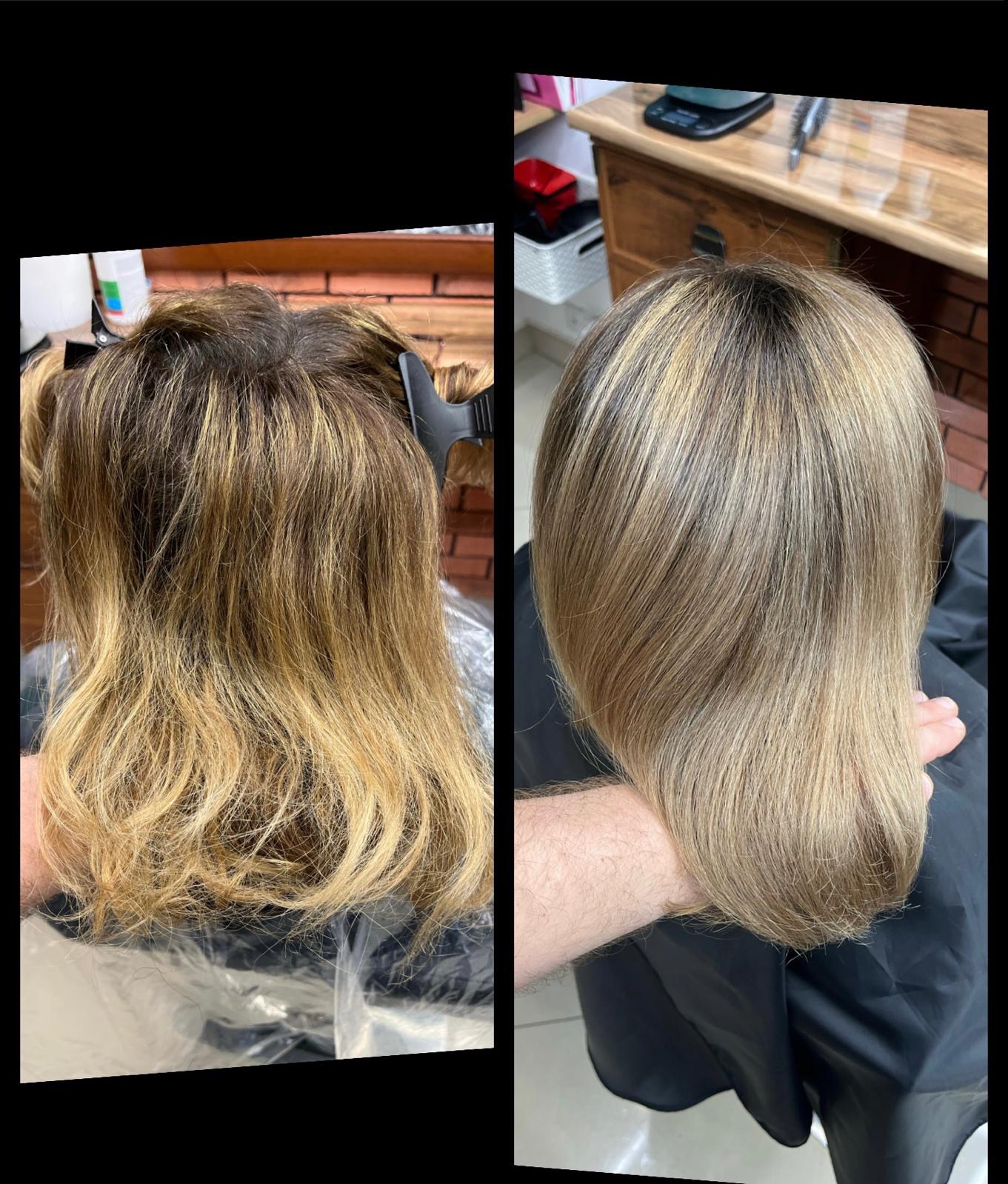 Porównanie włosów przed i po koloryzacji: po lewej włosy z odrostami i nierównomiernym kolorem, po prawej odświeżony, jednolity blond.