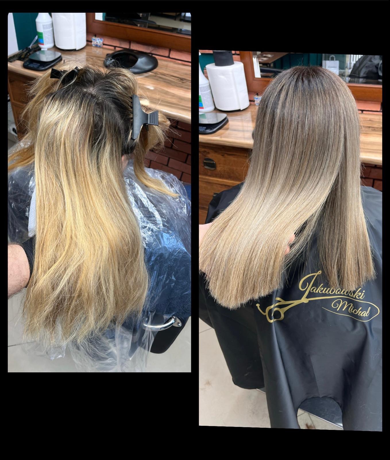 Dwa ujęcia włosów: przed koloryzacją - blond z odrostami, zabezpieczone klipsami i peleryną, oraz po koloryzacji - gładkie, ombre z ciemnego brązu przechodzącego w jasny blond, z widocznym logo...
