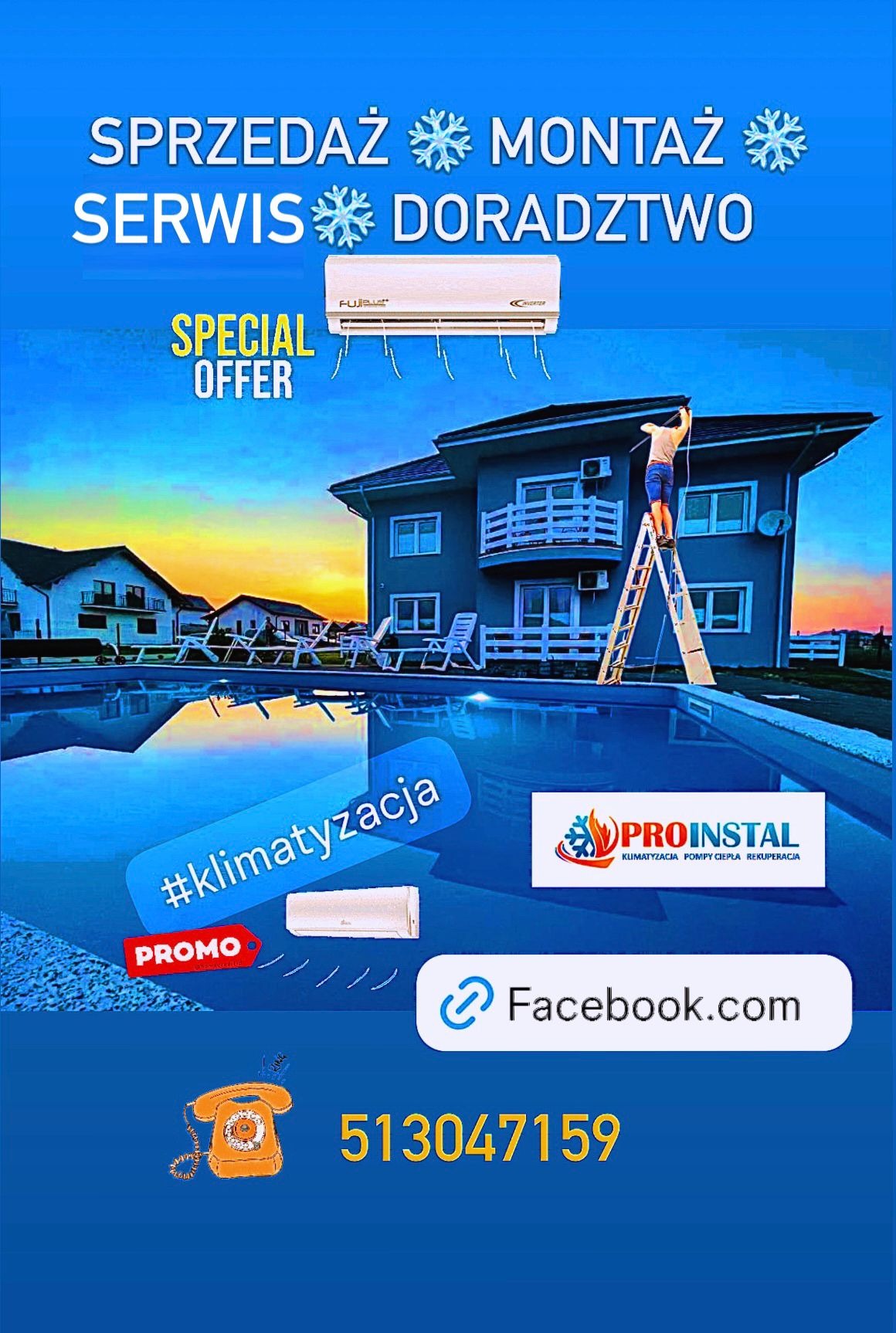 Grafika reklamowa firmy oferującej sprzedaż, montaż, serwis i doradztwo w zakresie klimatyzacji, z widocznym domem z basenem i klimatyzatorem montowanym na elewacji przez montera stojącego...