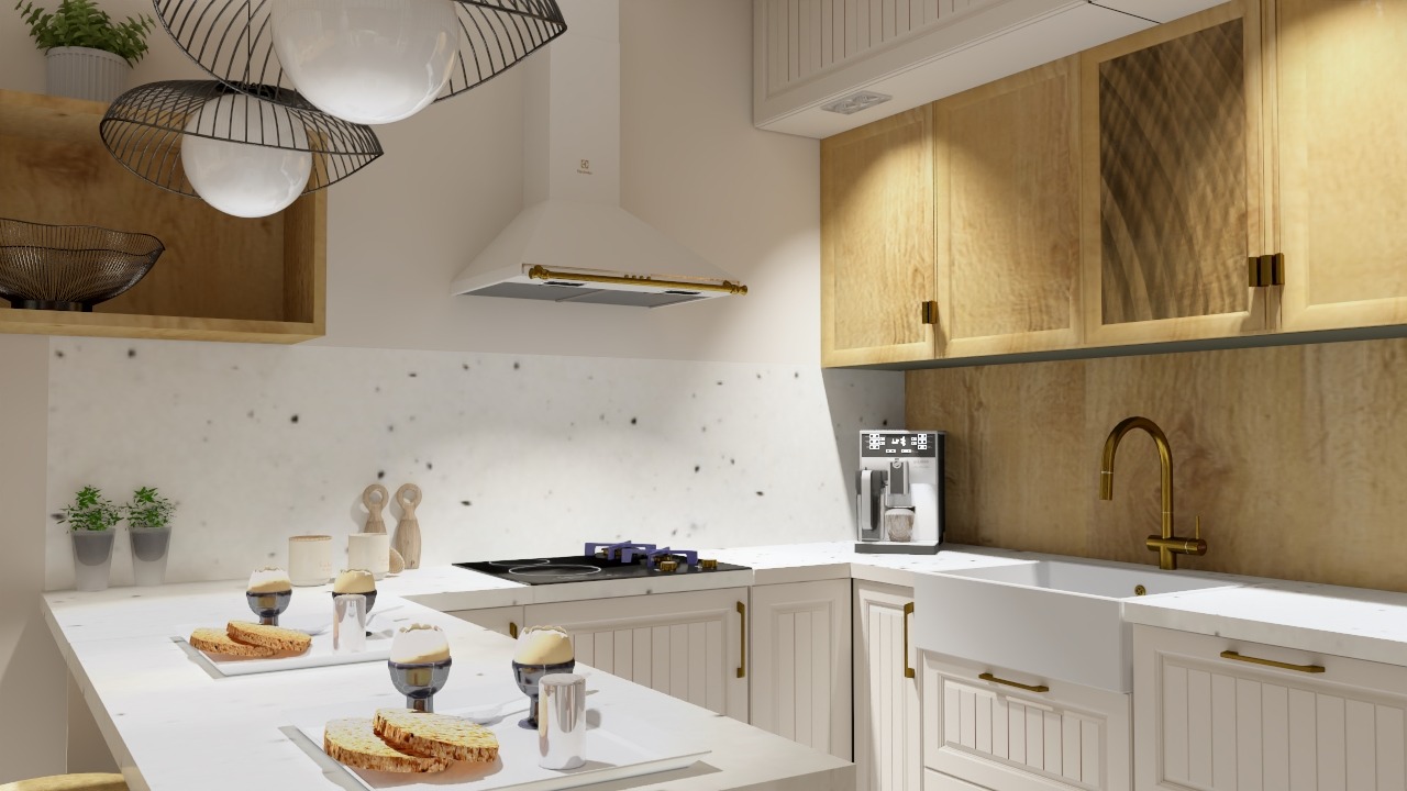 Jasna kuchnia w stylu klasycznym z drewnianymi szafkami, białym blatem, lampą wiszącą z czarnym ażurem i śniadaniem z jajek na miękko.