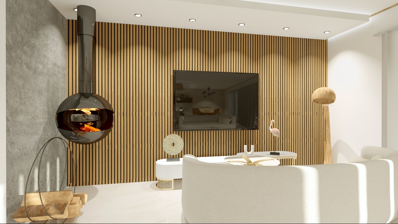 Nowoczesny salon z wiszącym, kulistym kominkiem, drewnianą ścianą z telewizorem i minimalistycznym wystrojem w odcieniach bieli i beżu.