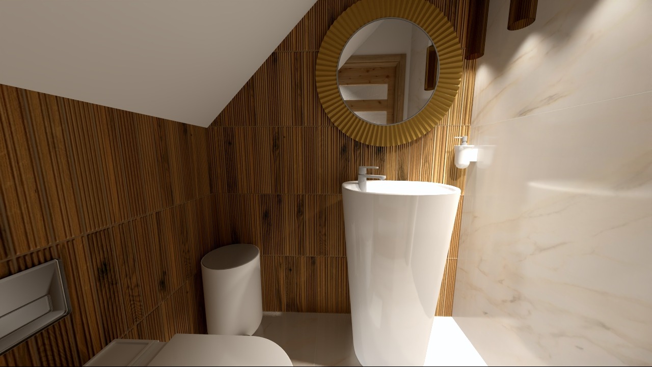 Nowoczesna łazienka z umywalką wolnostojącą, okrągłym lustrem w złotej ramie i drewnianą okładziną ścienną w pionowe pasy, oświetlenie punktowe.