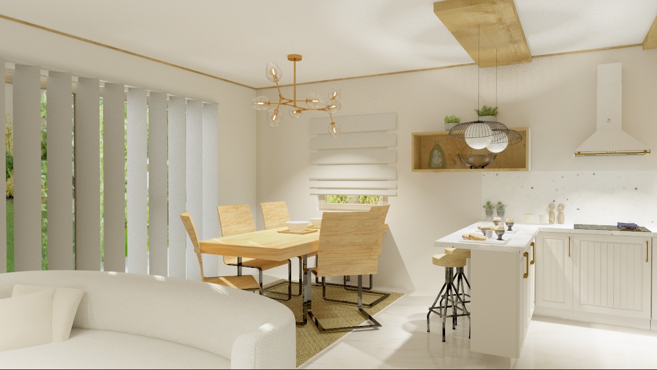 Jasne wnętrze z drewnianym stołem i krzesłami w stylu skandynawskim, nowoczesna lampa wisząca nad stołem, biała kuchnia z wyspą i hokerami, żaluzje pionowe w oknach.