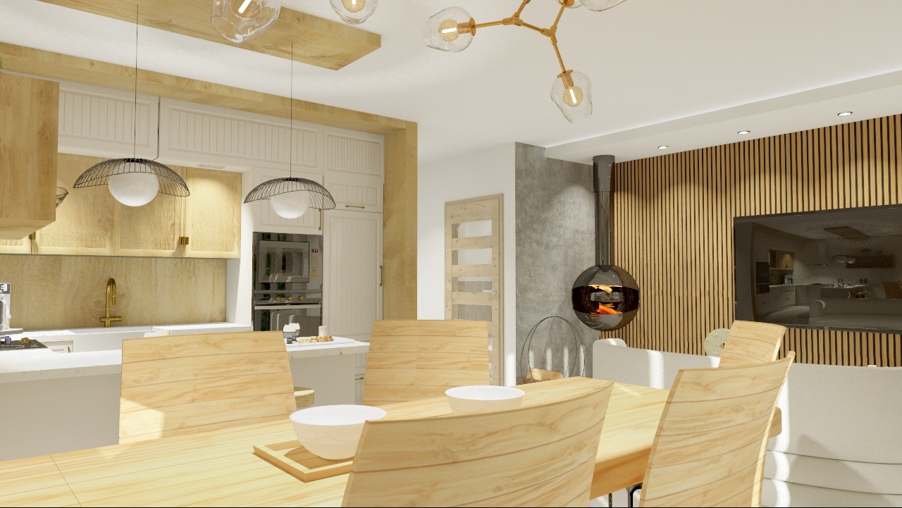 Wizualizacja przestronnej jadalni w Straszynie z drewnianym stołem, krzesłami o jasnym odcieniu drewna, nowoczesnym oświetleniem, otwartą kuchnią w tle i wiszącym kominkiem kulistym.