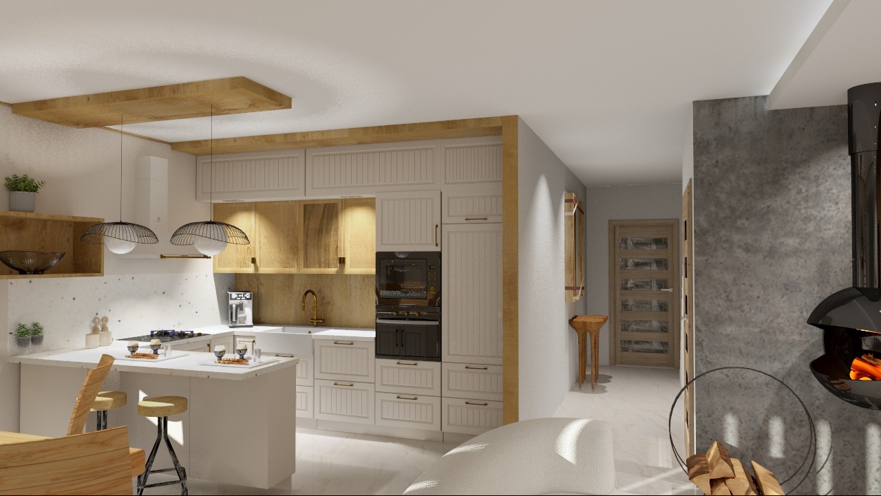 Wizualizacja jasnej kuchni w stylu skandynawskim z wyspą, drewnianymi akcentami i nowoczesnym kominkiem wiszącym.