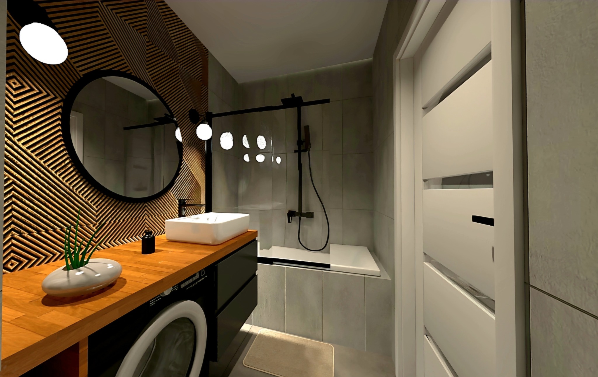 Nowoczesna łazienka z drewnianą ścianą w geometryczne wzory, okrągłym lustrem, białą umywalką nablatową, drewnianym blatem, czarnymi szafkami i pralką w zabudowie, kabina prysznicowa walk-in...