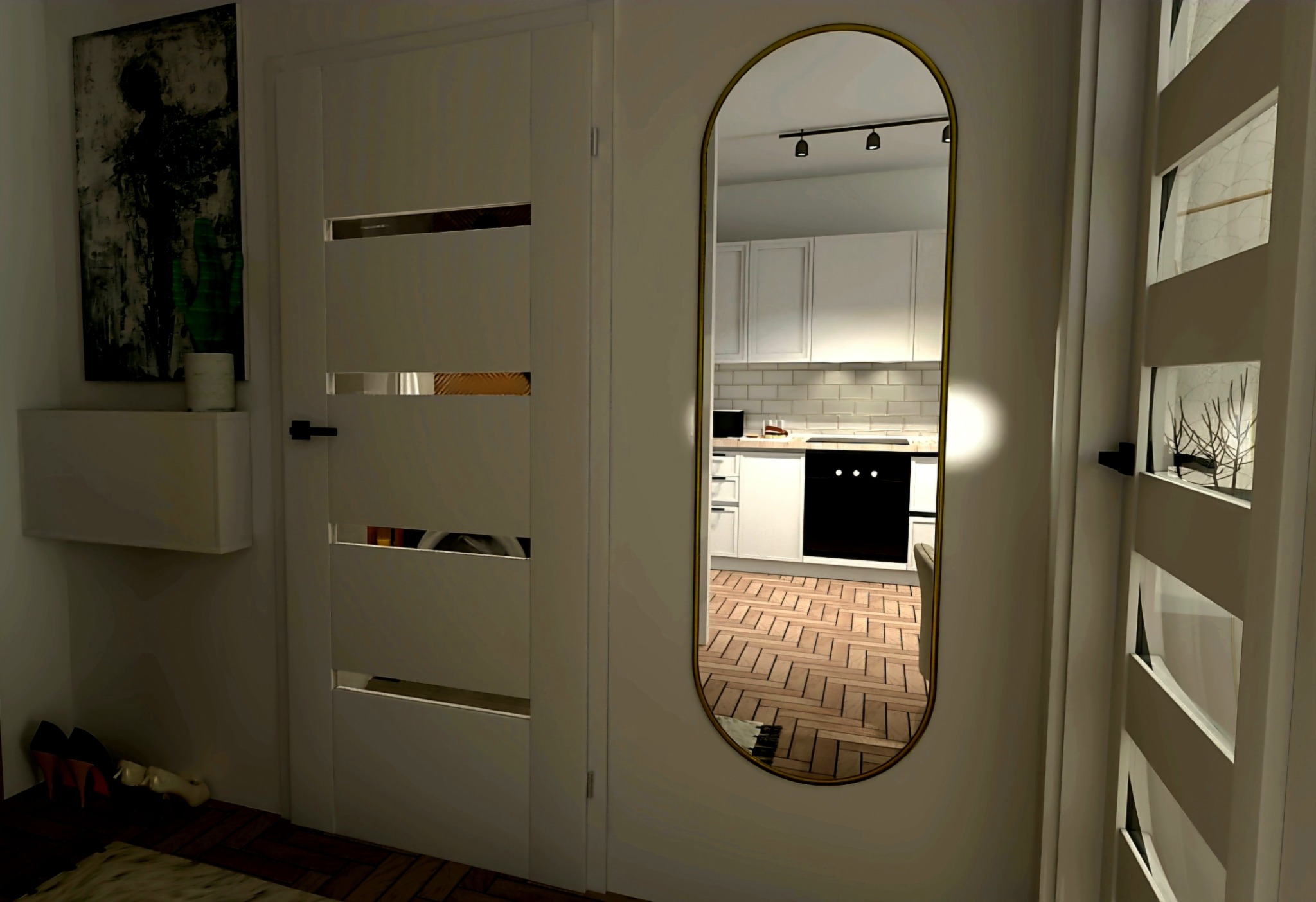 Widok na minimalistyczną kuchnię z białymi szafkami i drewnianą podłogą odbity w owalnym lustrze z cienką, złotą ramą, wiszącym na białej ścianie obok drzwi z poziomymi przeszkleniami...