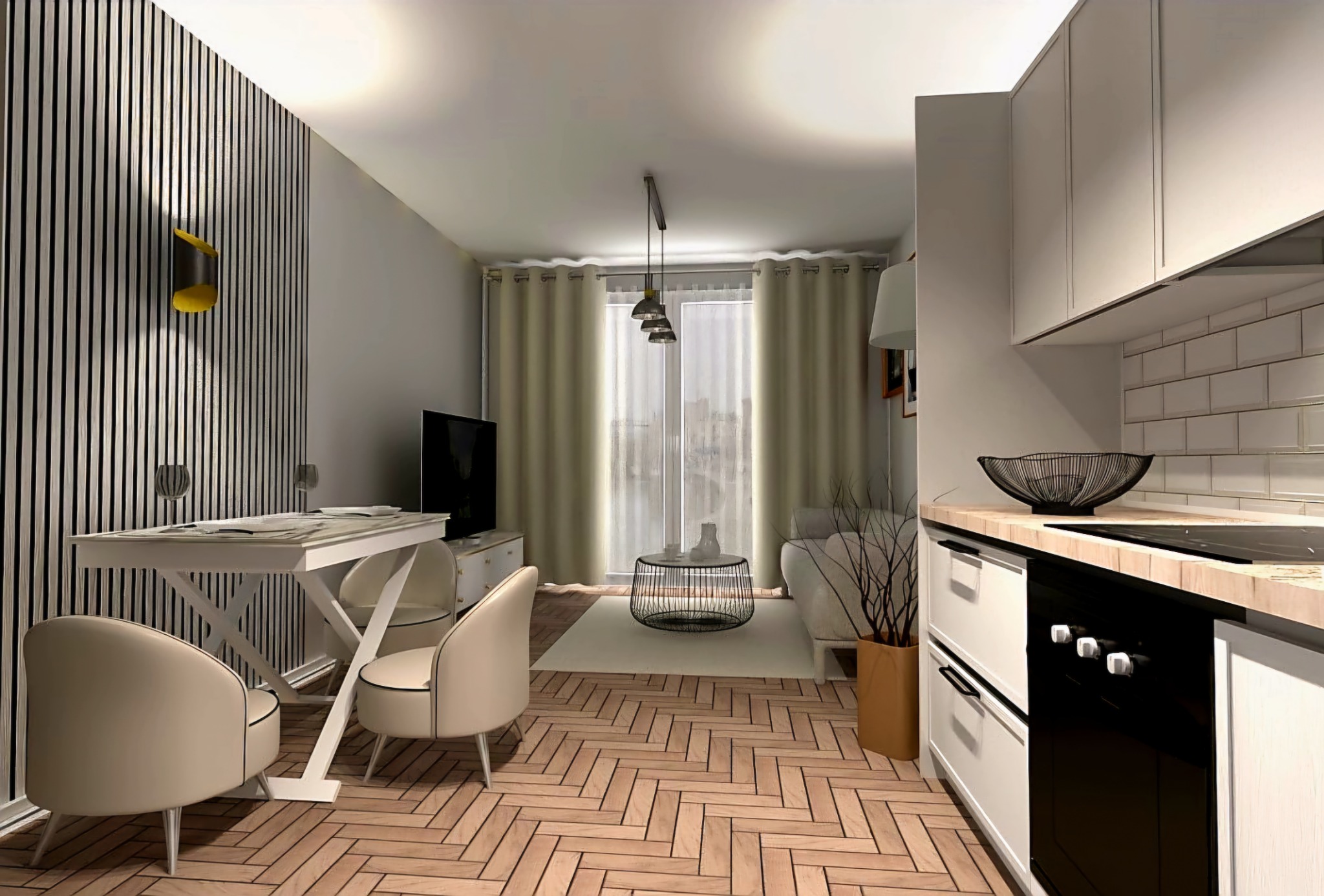Wnętrze mieszkania z parkietem w jodełkę, białymi meblami, ścianą z pionowymi panelami i żółtym akcentem świetlnym, widok z perspektywy kuchni na salon i jadalnię.