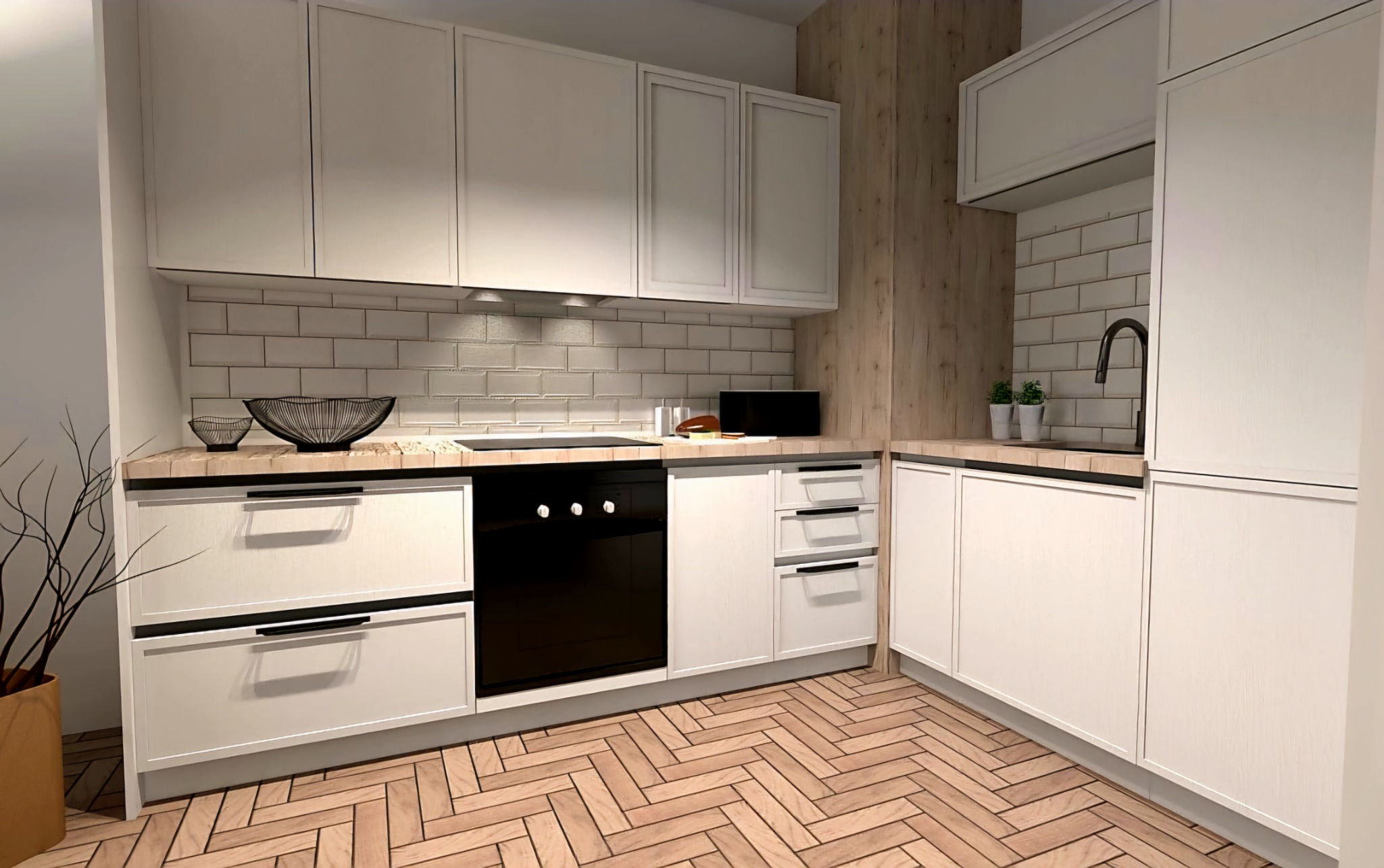 Nowoczesna kuchnia z białymi szafkami, drewnianym blatem i podłogą w jodełkę. Na blacie dekoracyjne misy i minimalistyczne akcesoria kuchenne.