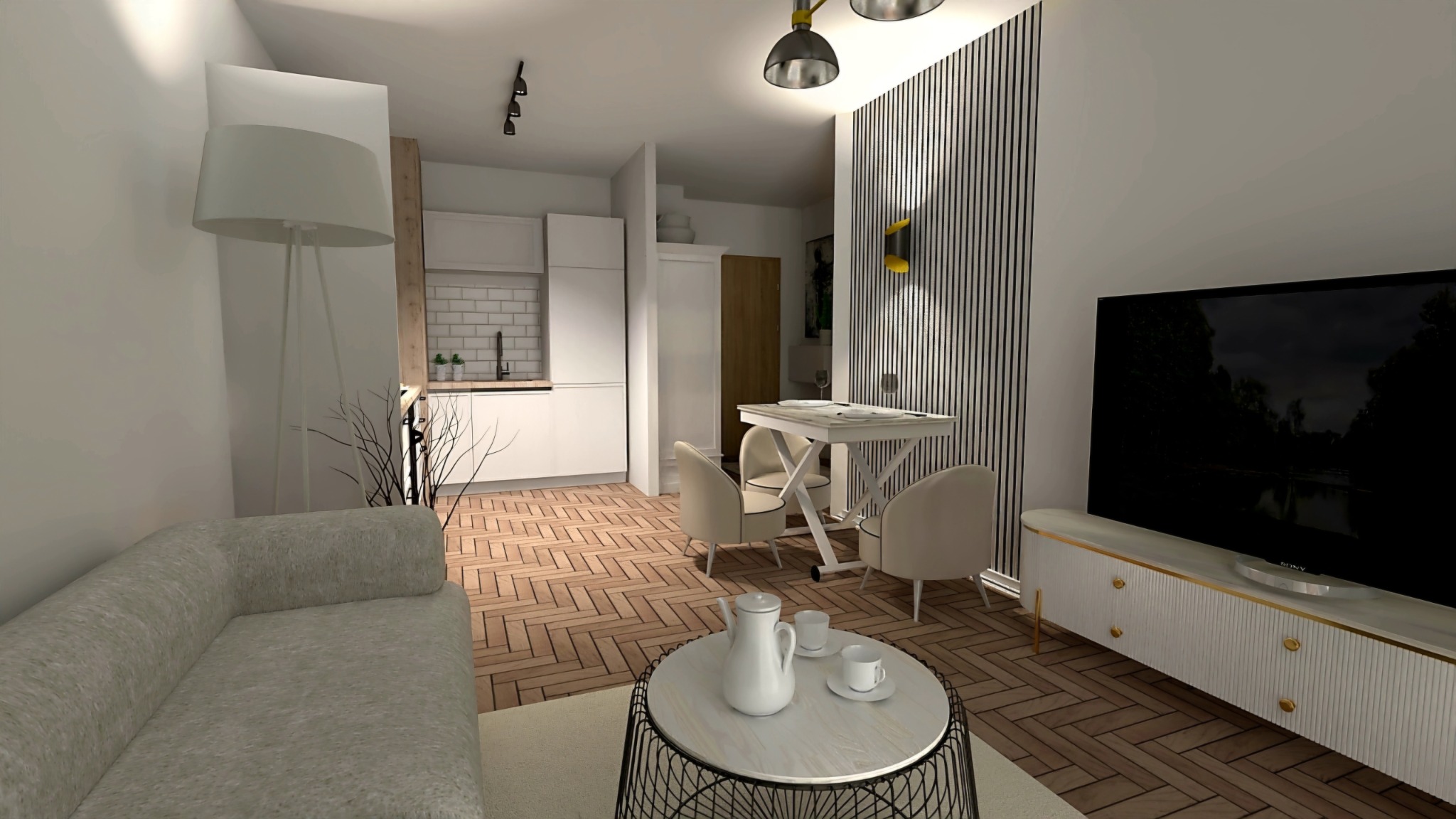 Wizualizacja salonu z aneksem kuchennym w jasnych barwach, z parkietem w jodełkę, białymi meblami i stolikiem kawowym z porcelanowym serwisem.