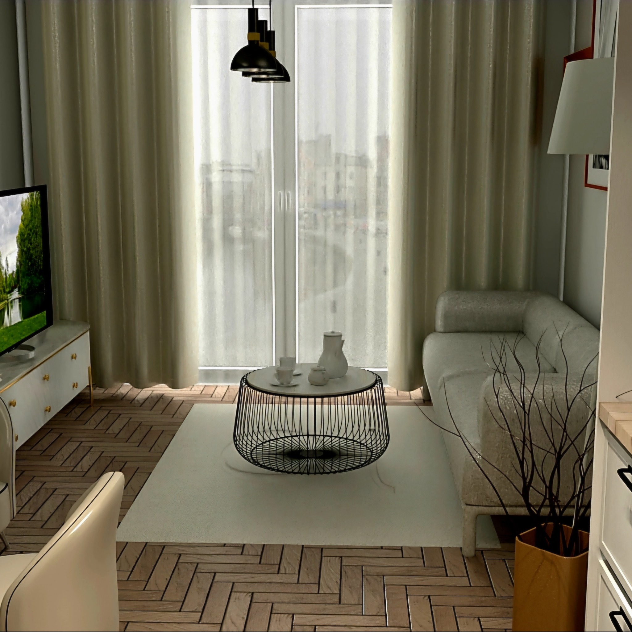 Wizualizacja salonu z beżową sofą, okrągłym stolikiem kawowym z ceramicznym zestawem do herbaty, telewizorem na komodzie i drewnianą podłogą w jodełkę.