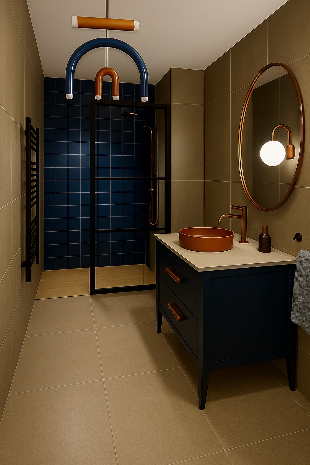 Nowoczesna łazienka z kabiną prysznicową, umywalką w kolorze miedzi i oryginalnym oświetleniem. Ciemnoniebieskie płytki na ścianie prysznica.