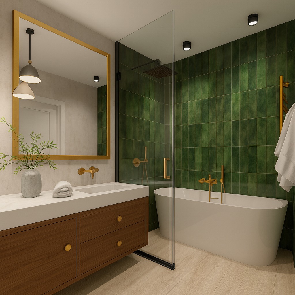 Nowoczesna aranżacja łazienki w Straszynie: zielone płytki, złote akcenty, drewniana szafka pod umywalką i minimalistyczna wanna. Lustro z oświetleniem.