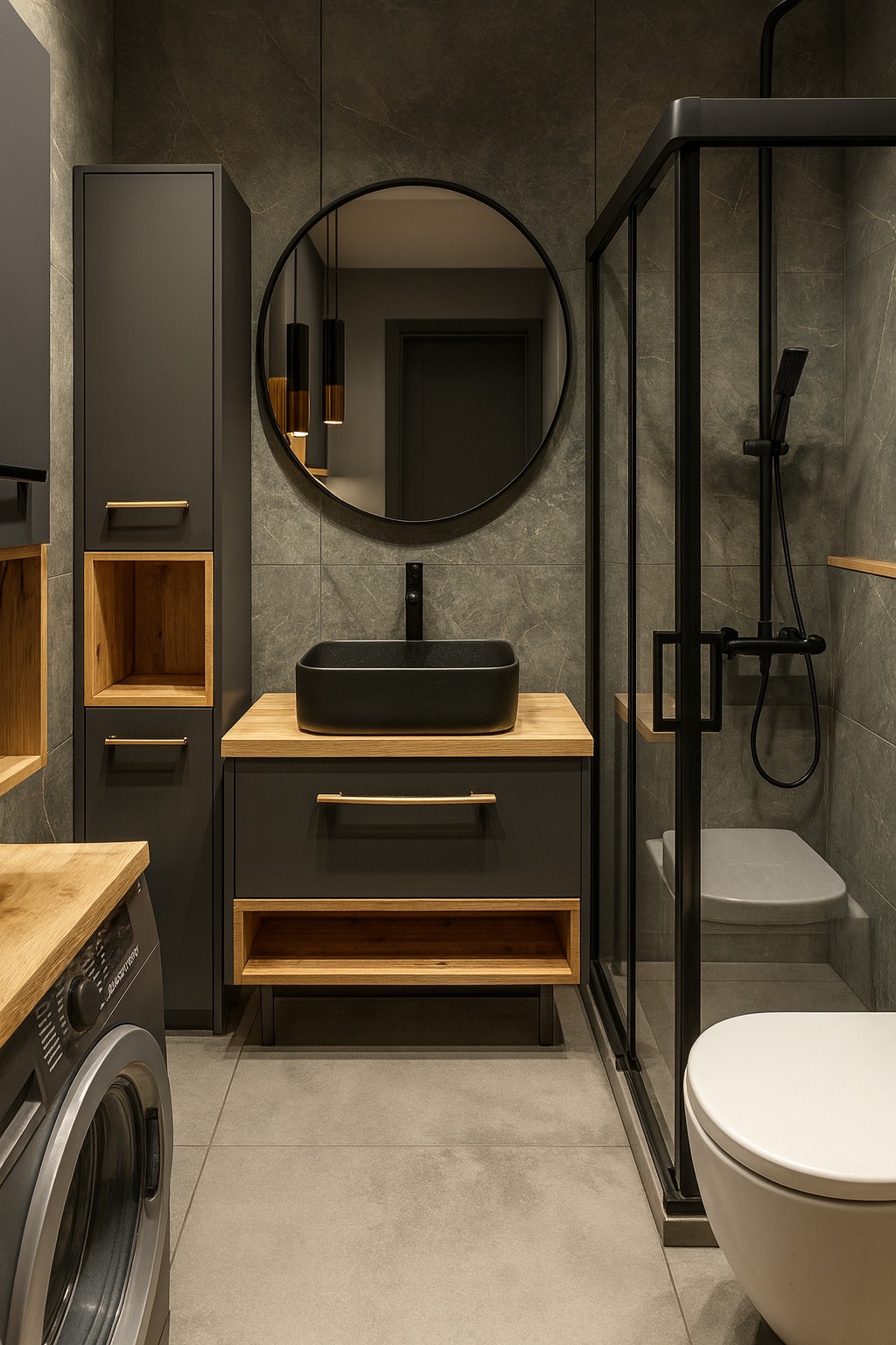 Nowoczesna łazienka w szarościach z drewnianymi akcentami: czarna umywalka nablatowa, okrągłe lustro, kabina prysznicowa z czarnymi ramami i pralka.