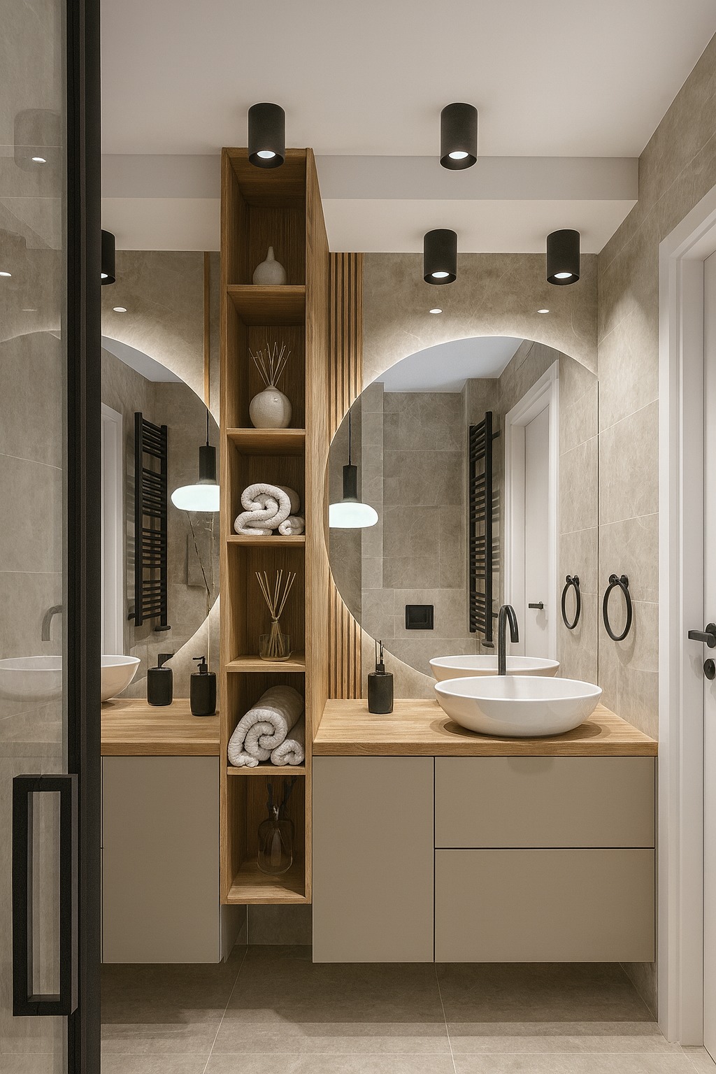 Nowoczesna łazienka z dwoma okrągłymi lustrami z podświetleniem LED, drewnianą półką i beżowymi szafkami pod umywalkami. Minimalistyczny design, ciepłe oświetlenie.