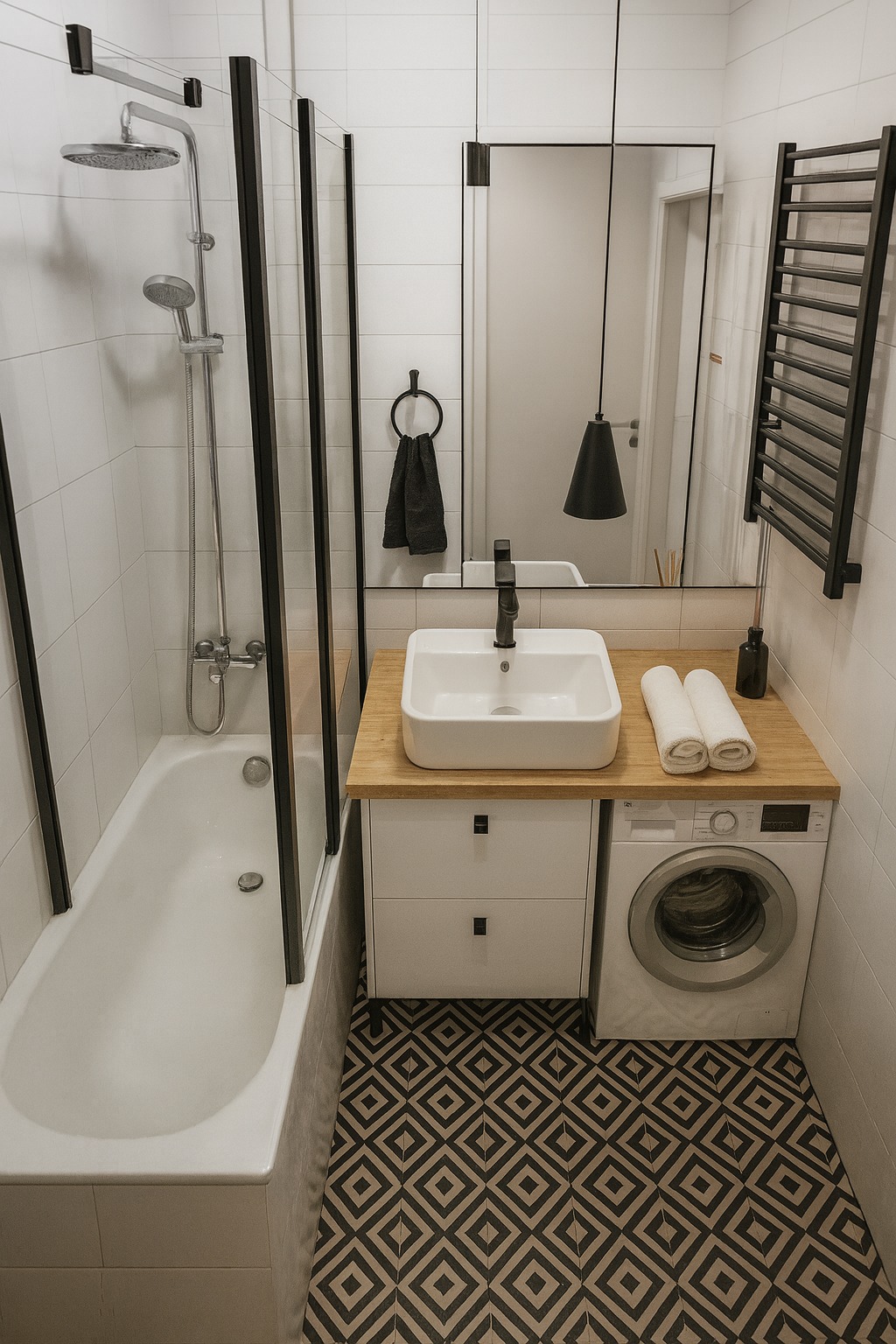Nowoczesna łazienka w bieli i czerni: wanna z parawanem, umywalka nablatowa, pralka pod blatem, geometryczna podłoga. Minimalistyczny design z akcentami drewna.