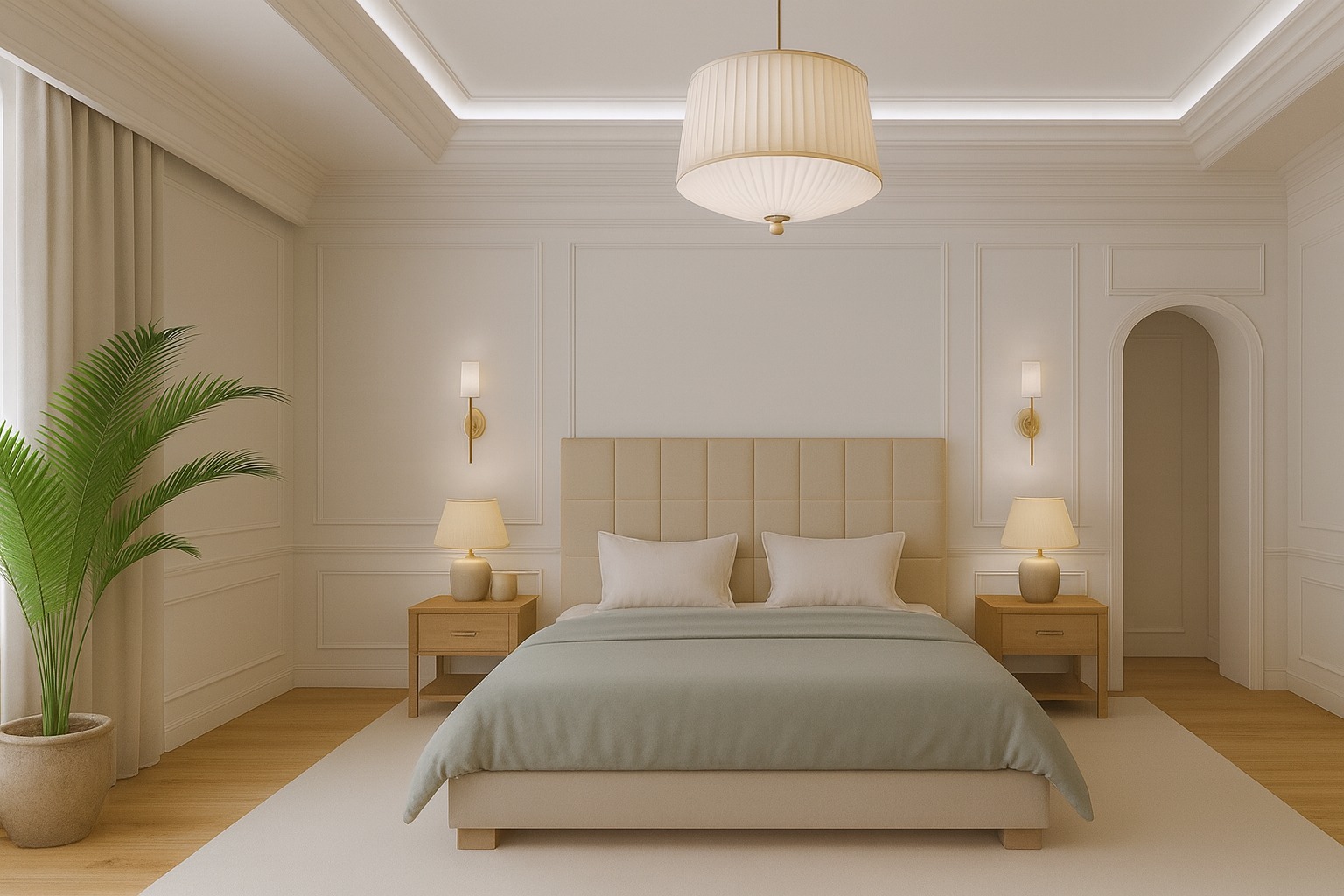 Elegancka sypialnia w beżach: łóżko z pikowanym zagłówkiem, lampy nocne, roślina doniczkowa i dekoracyjne panele ścienne. Subtelne oświetlenie sufitowe.